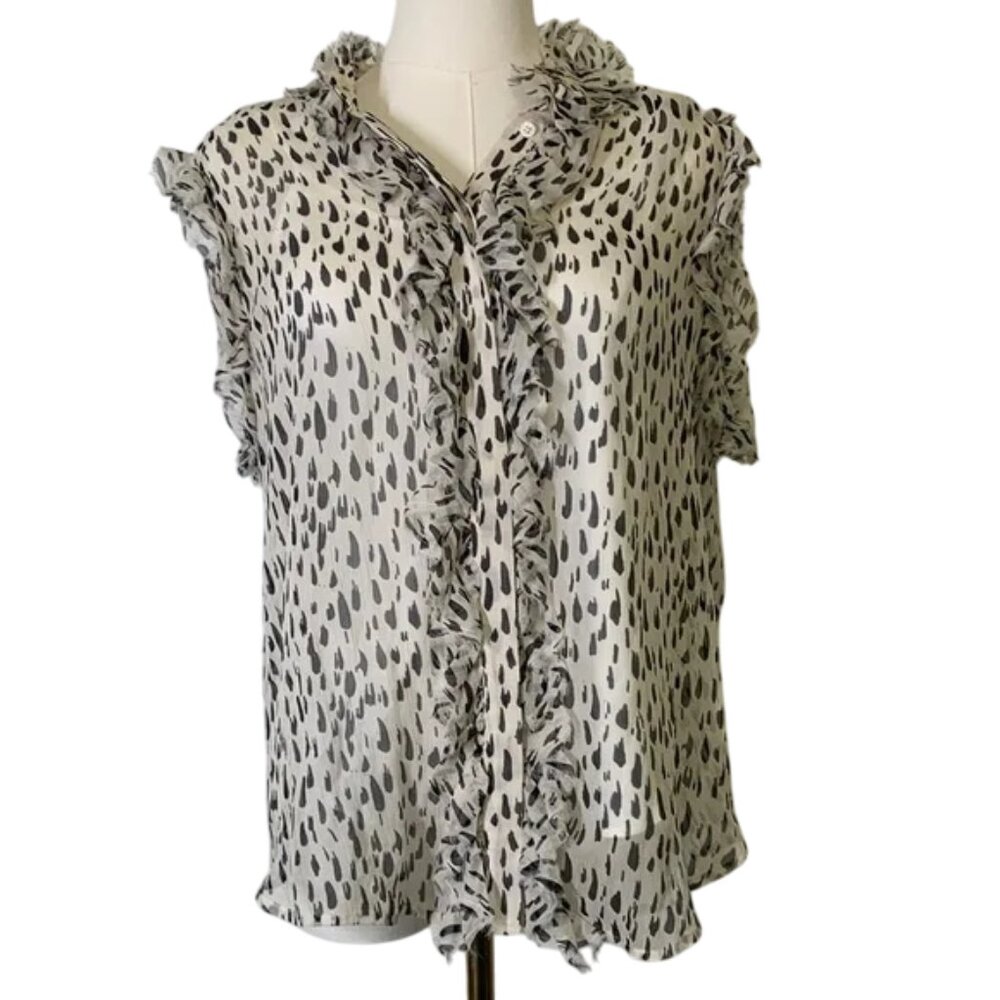 7 For All Mankind Black and White Ruffled Sleeveless Blouse. Snow Leopard. EUC.